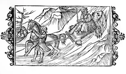 Ló, aki a havon egy medvebőrt húz, amelyen egy finn ül – Olaus Magnus érsek „” De Gentibus septentrionalibus”-jában, Svédország