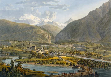 Brig a Rhone partján, Berni-Alpok, Svájc, a Voyage Pittoresque de Geneve a Milan című műből, 1819
