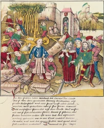 Bern város alapítása 1191-ben miniatűr Spiezer Bilderchronikból, Svájcból