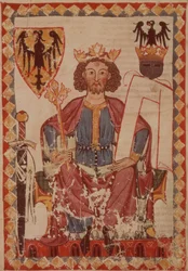 KISASSZONY. Haver. csíra. 848 Henrik király, illusztráció a Manesse-kódexből, udvari szerelmes dalok gyűjteményéből, valószínűleg Zürichből, 1300-20 körül