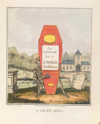 Súlyos ötlet: Lakás egyedülálló úriembernek, kocsma. 1828 (színes metszet)