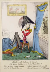 „Achilles in the Sulks visszavonulása után vagy, A nagy kapitány a bűnbánat zsámolyán”, pub. G. Humphrey, 1827. május 7. (színes metszet)