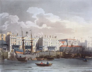 Vámház a Temzéről, Ackermann „London mikrokozmosza” című művéből, John Bluck metszete (fl.1791-1819)