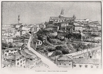 Siena (Olaszország) általános képe. Taylor metszete Eugene Muntz (1845-1902) „A travers la Toscane” című történetének illusztrálására, a Le tour du Monde 1892-ben, rendezte Edouard Charton (1807-1891), Hachette, Párizs.