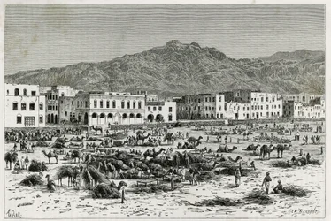 Áden (Jemen) menete. Taylor metszet, a „” Utazás Benadirba, Szomáliba és Bayounba” című történet illusztrálására, 1882-1883, M.G.Revoil. Megjelent a Le Tour du monde, nouveau Journal des voyages folyóiratban