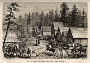 Cisco, Placer grófja (Nevada) állomása, ahol fel lehet szállni a Pacific Railway (Pacific Railway) gyorsvonatára, amelyet Taylor rajza nyomán vésett, amely az 1868-as Washingtonból San Franciscóba vezető utat illusztrálja, L. Simonin, kiadta az „L