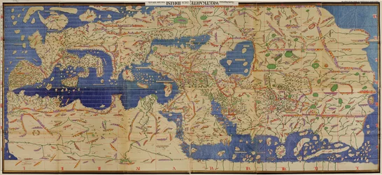 Az 1154-es arab Tabula Rogeriana 1929-es másolata latin betűs írással, fejjel lefelé, északi tájolással felfelé
