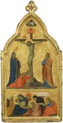A keresztrefeszítés és a siralom (tempera aranyozott táblán)
