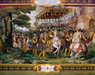I. Ferenc köszönti V. Károlyt és Alessio Farnese bíborost Párizsban, Taddeo Zuccari (1529-1566), Palazzo Farnese, Caprarola, Olaszország