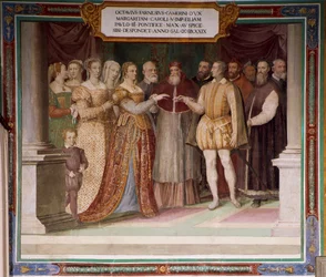 Olaszország, Lazio régió, Caprarola (Viterbo tartomány), Farnese palota, Ottavio Farnese házassága Osztrák Margittal Taddeo Zuccari, freskó