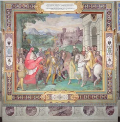 V. Károly (1500-58) és Alessandro Farnese (1546-92) Wormsban, a "Sala dei Fasti Farnese" (Farnese pompájának terme) 1557-66 (lásd még 156715).