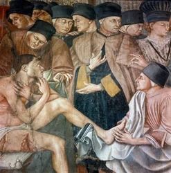 Betegek ellátása a kórházban, nővérek mossa meg a lábát egy pelerin seb "" Részlet. Taddeo di Bartolo (1363-1422) freskója, 14. századi Siena, Santa Maria della Scala kórház