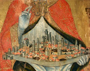 Kilátás San Gimignano városára, házakkal és műemlékekkel, részletek (festmény