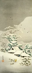 Havas jelenet Sawatariban a Joshu kerületben, 1930 körül, Takahashi Shotei (1871-1945), o-tanzaku alakú fametszet, 38,1 x 17,1 cm, japán civilizáció, Meiji-Showa időszak