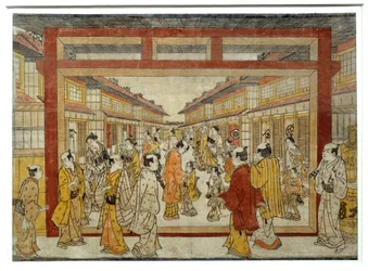 Nakano-Cho perspektivikus képe. Masanobu Tanaka japán nyomata, 1741 és 1748 között, Ukiyo-E stílusban. Párizs, Musee Guimet