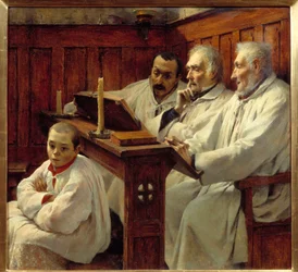 A Creed Priests és a kórusgyerek a Bibliát olvassa. Tancrede Bastet festménye (1858-1942) 20. századi Grenoble, Musee des Beaux Arts Figyelem! Ennek a műnek a felhasználása harmadik féltől kérhető engedélyezési kérelmet vagy további díjakat vonhat maga utá