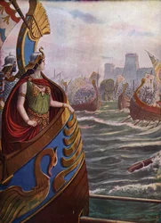 Ókori, római polgárháború: VII. Kleopátra egyiptomi királynő, Thea Philopator (Kr. e. 69-30) az Actiumi csatában az Ambracic-öbölben Kr.e. 31. szeptember 2-án az Actium oktáv flotta ellen,