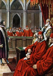 Krétai háború: Francesco Morosini per Candia ostroma után, akit gyávasággal és hazaárulással vádolnak Velencébe való visszatérésekor