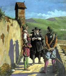 Don Abbondio találkozik a vitézekkel - illusztráció Alessandro Manzoni "A szerelmesek" című művéhez, éd. Nerbini, Firenze