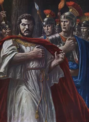 Római ókor: „” Caracalla római császár halála, akit Harran közelében 217. április 8-án karddal meggyilkolt Martialis, szoros gárdájának egyik tisztje” (The assassination of Caracalla, római császár, Julius Martialis, 217) Illusztr