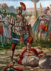 Római ókor: Titus Manlius Imperiosus Torquatus consul egy gall legyőzése közben, Kr. e. 361 - Titus Manlius Torquatus harcol egy gall harcossal, aki kihívta a római hadsereget, és megöli őt, Kr. e. 361. Tancredi Scarpelli (1866-1937) illusztrációja