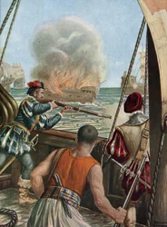 Második indiai expedíció (1502-1503) „” Tengeri csata a vasco de Gama és a kalicuti portugál flotta között, a portugálok kilőtték a Mekkából hazatérő Miri muszlim hajót, 1502. 10. 03.” (második út Vasco de Gama (1502-1503)