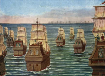 A cannanori csata 1506 márciusában zajlott le az indiai Cannanore kikötőjénél, a Calicut-i Samorin indiai flottája és egy portugál flotta között, Lourenco de Almeida, Almeida alkirály fia alatt) Tancredi Scarpelli illusztrációja a „