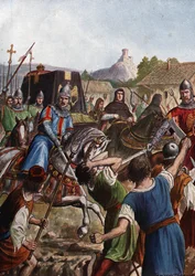 A Szent Birodalom III. Otton (Othon) császárának (980-1002) temetkezési csoportja a maradványokat Olaszországon keresztül Aachen felé viszi, ahol a lázadó lakosság ellen harcol (III. Ottó római római császár koporsója, áthaladva az itáliai tömegeken