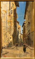 Részleges kilátás egy utcára Firenze történelmi központjában, 1880 körül (olaj, panel)