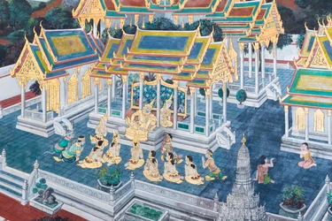 Falfestmény a Ramayana jeleneteit ábrázoló Wat Phra Kaeo-ban, a Királyi Nagy Palota, Bangkok, Thaiföld