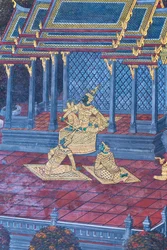 Falfestmény a Ramayana jeleneteit ábrázoló Wat Phra Kaeo-ban, a Királyi Nagy Palota, Bangkok, Thaiföld