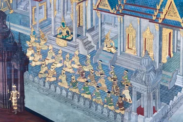 Falfestmény a Ramayana jeleneteit ábrázoló Wat Phra Kaeo-ban, a Királyi Nagy Palota, Bangkok, Thaiföld