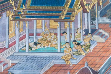 Falfestmény a Ramayana jeleneteit ábrázoló Wat Phra Kaeo-ban, a Királyi Nagy Palota, Bangkok, Thaiföld