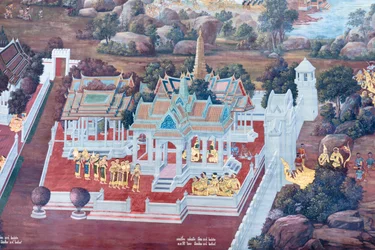 Falfestmény a Ramayana jeleneteit ábrázoló Wat Phra Kaeo-ban, a Királyi Nagy Palota, Bangkok, Thaiföld