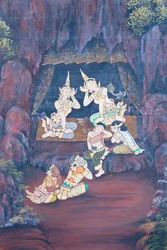 Falfestmény a Ramayana jeleneteit ábrázoló Wat Phra Kaeo-ban, a Királyi Nagy Palota, Bangkok, Thaiföld