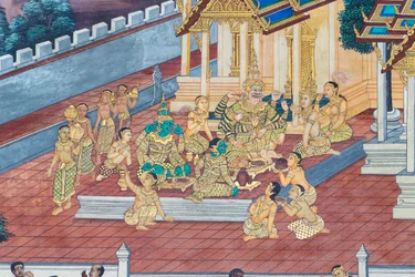 Falfestmény a Ramayana jeleneteit ábrázoló Wat Phra Kaeo-ban, a Királyi Nagy Palota, Bangkok, Thaiföld