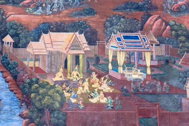 Falfestmény a Ramayana jeleneteit ábrázoló Wat Phra Kaeo-ban, a Királyi Nagy Palota, Bangkok, Thaiföld