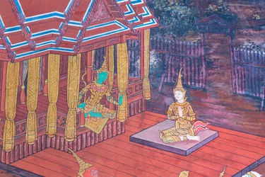 Falfestmény a Ramayana jeleneteit ábrázoló Wat Phra Kaeo-ban, a Királyi Nagy Palota, Bangkok, Thaiföld