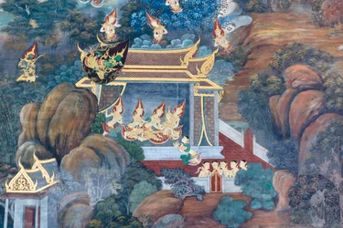Falfestmény a Ramayana jeleneteit ábrázoló Wat Phra Kaeo-ban, a Királyi Nagy Palota, Bangkok, Thaiföld