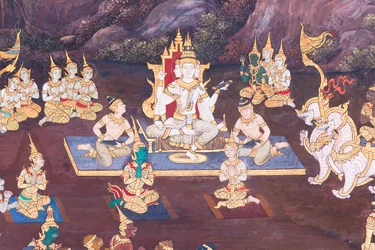 Falfestmény a Ramayana jeleneteit ábrázoló Wat Phra Kaeo-ban, a Királyi Nagy Palota, Bangkok, Thaiföld