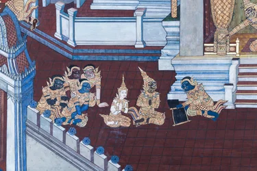 Falfestmény a Ramayana jeleneteit ábrázoló Wat Phra Kaeo-ban, a Királyi Nagy Palota, Bangkok, Thaiföld