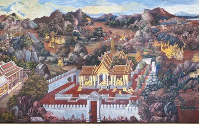Falfestmények, amelyek a ramakian jeleneteit ábrázolják a Wat Phra Kaeo-ban, a Királyi Nagy Palotában, Bangkok, Thaiföld