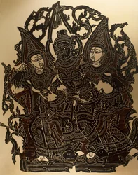 A Nang Yai árnybábjáték jelenete Dasakanthával és feleségeivel, faragott bőrtábla, Thaiföld, thai civilizáció