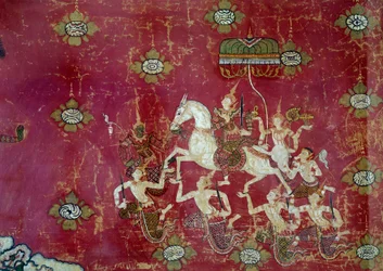Buddhizmus: Buddha életének „” jelenete: a nagy távozás”” Thaiföldi vászonfestmény részlete. V 1,4x0,9 m Párizs, Musee Guimet, Musee national des Arts Asians