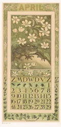 Április naptári lap békával Kalendárium 1911 12 litográfia Th. v. Hoytema (sorozat címe) Út a virágok alatt