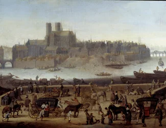 A rakpart és a Tournelle híd Párizsban. Kilátás a dokkra és La Cite szigetére. Theodor Matham (1606-1676) festménye 1646 Párizs, Carnavalet Múzeum