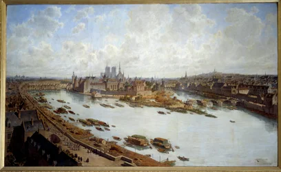 Panorámakép Párizsról és az Île de la Cité-ről 1588-ban, a Louvre tetőiről, az épülő Pont Neuf-val, Théodore Joseph Hubert Hoffbauer (1839-1922) festménye, 1890