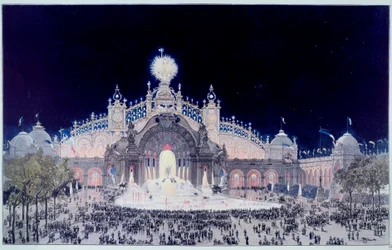 Egyetemes kiállítás: „” Kilátás a párizsi Electricite-palotára és a vízi kastélyra 1900-ban”” Theodore Joseph Hubert Hoffbauer (1839-1922), Fedor Hoffbauer néven ismert nyomat. 1900 Párizs, Musee Carnavalet