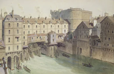 Petit Chatelet és a Petit Pont képe 1717-ben, illusztráció a „Párizs a korokon át” című művéből, Philippe Benoist (1813-1905 körül) metszetében, 1885