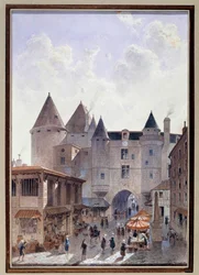 Kilátás a Grand Chatelet-re a Rue Saint Denis-ről Párizsban, Theodor Joseph akvarellje